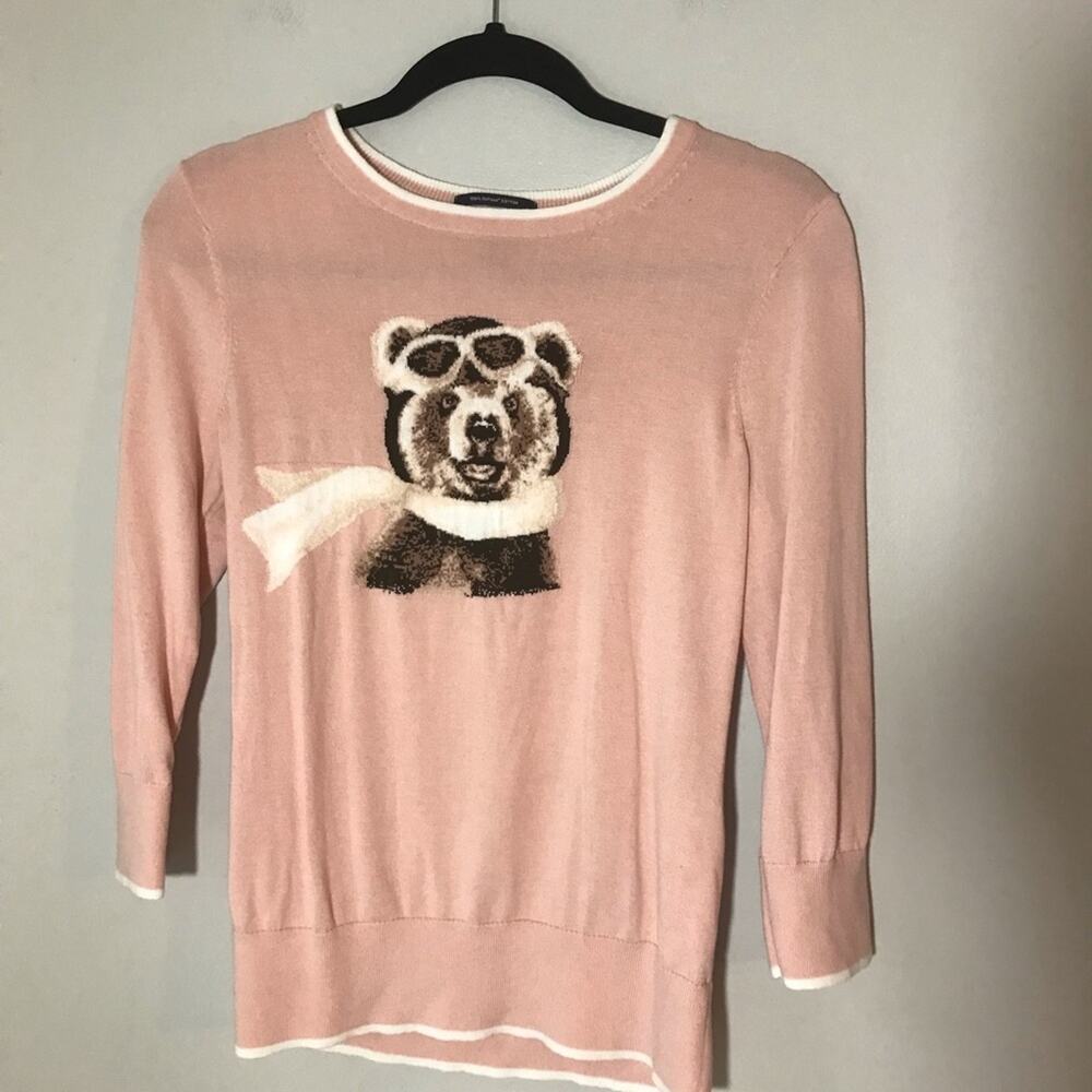 Lands end prima cotton pink pilot bear crewneck sweater small knit adorable